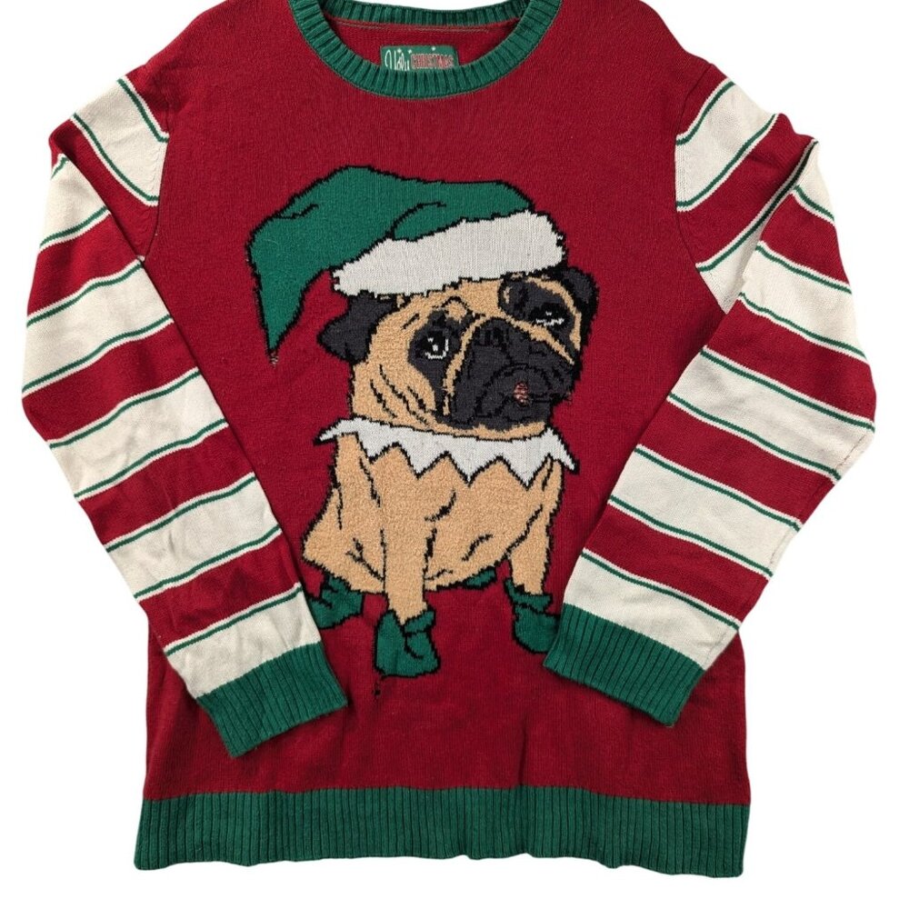 Ugly Christmas Sweater XXL Pug Elf Knit Pullover